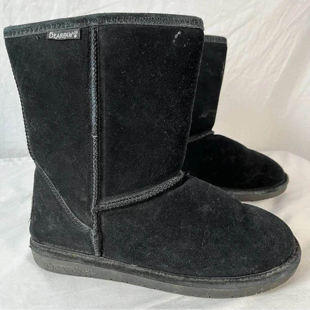 Bearpaw Emma Short Suede Upper Sheepskin Wool Lining Winter Boots Sz 9 Black